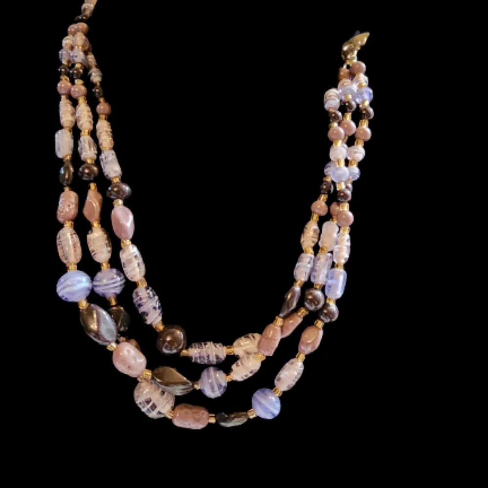 Vintage Agate And Glass Triple Strand Necklace